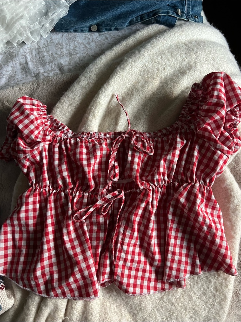 SHEIN Red Gingham Tie-Front Off-Shoulder Top